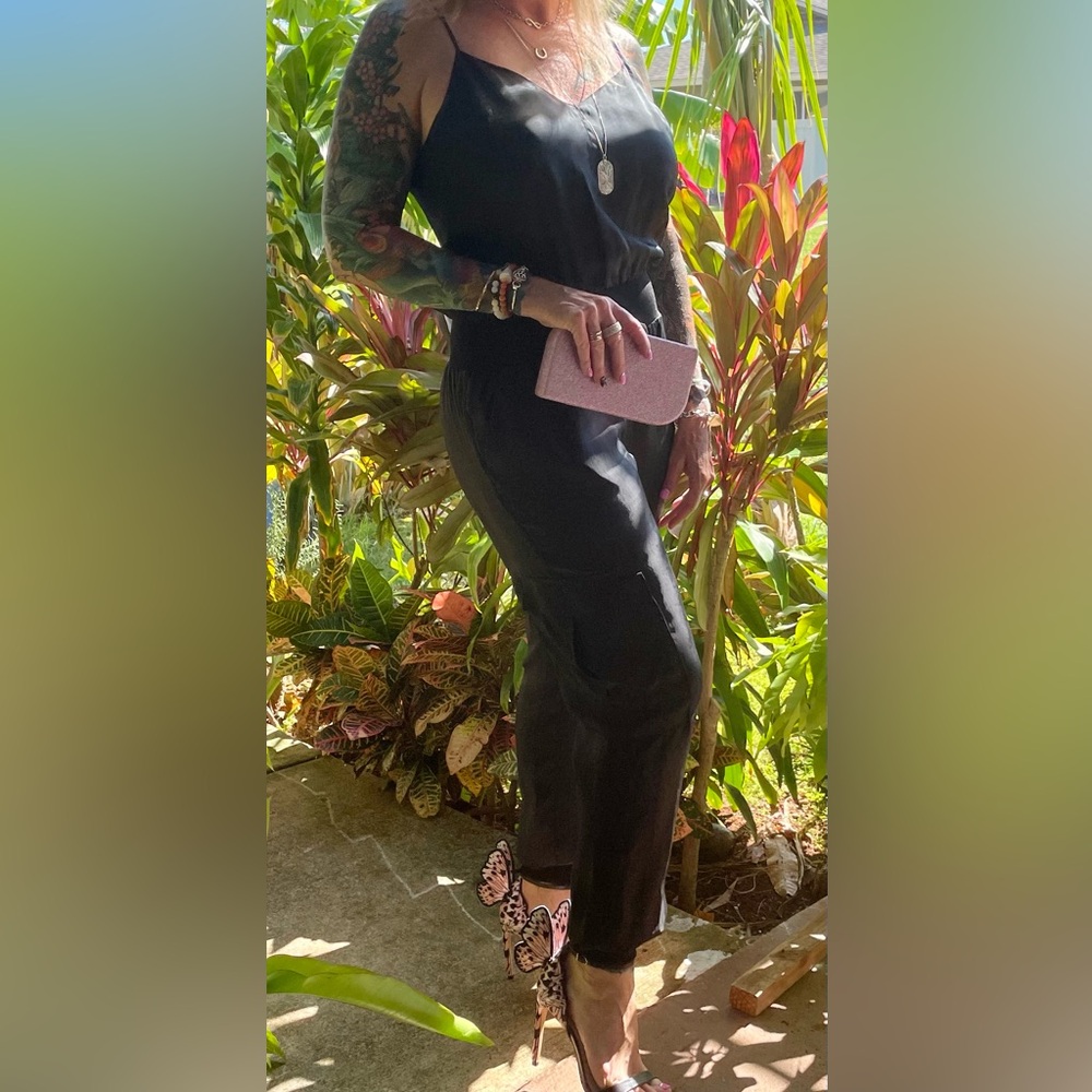 CINQ A SEPT Amia Jumpsuit Black Satin Cupro Twill Jogger Cami Black size large